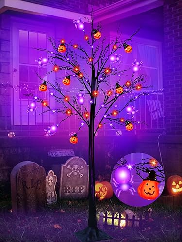 TURNMEON Árbol de Halloween iluminado naranja y morado de 5 pies con temporizador, decoraciones de Halloween, árbol artificial espeluznante para