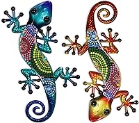 HONGLAND Metal Gecko Wall Art 2 Pack - 15 Inch Colorful Lizard Hanging Sculptures for Garden Fence Home Outdoor Decor