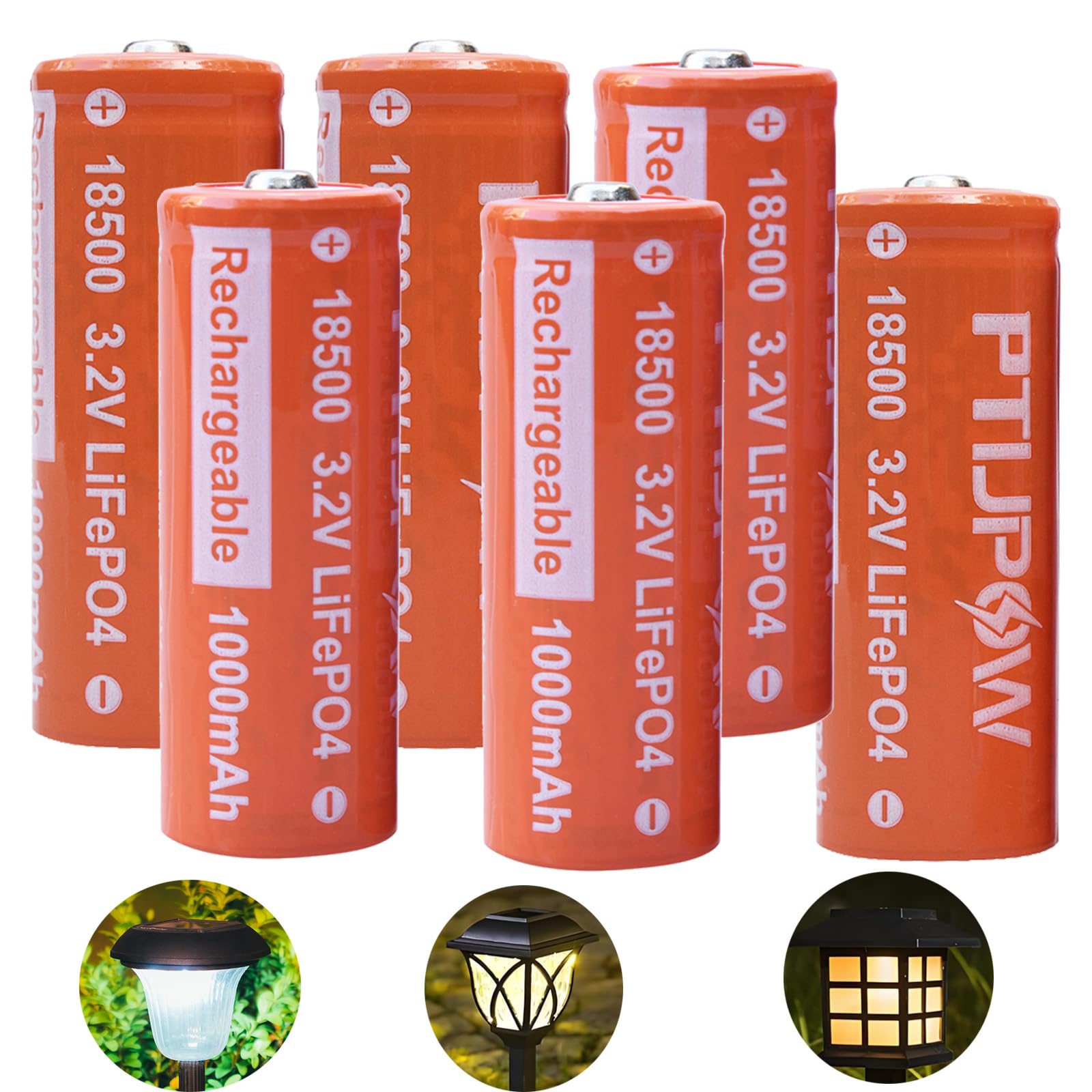 PTIJPOW (6-Pack) 18500 3.2V LiFePO4 Solar Batteries, 18500 3.2V 1000mAh Lithium Iron Phosphate Rechargeable Solar Battery for Outdoor Solar Lights (Not AA Battery)