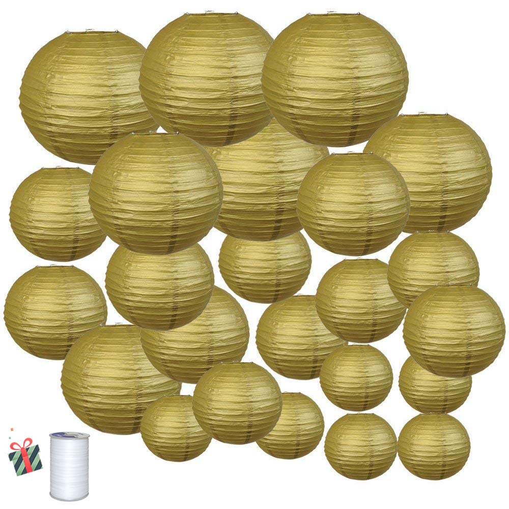 Decorative Party Paper Lanterns, Morbuy 24Pcs Gold Round Chinese Lantern Lamp Garland for Christmas Festival Wedding Baby Shower Party Birthday Indoor Outdoor Decorative (24 Pcs/Set,Gold)