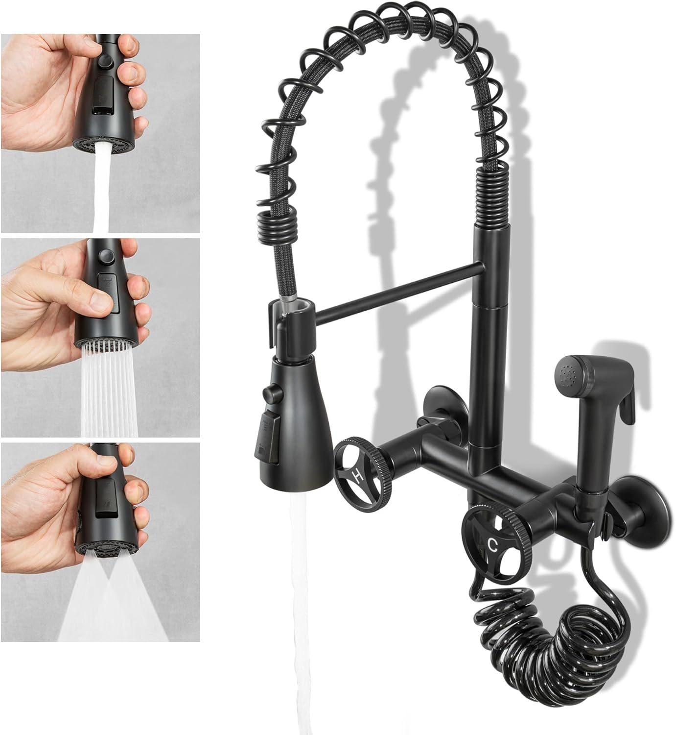 3 Mode Kitchen Sink Faucet with Pull Down Sprayer 2 Handle Commercial Wall Mount Faucet Adjustable Center 3-9 Inches with Side Sprayer DOLGABA, Matte Black