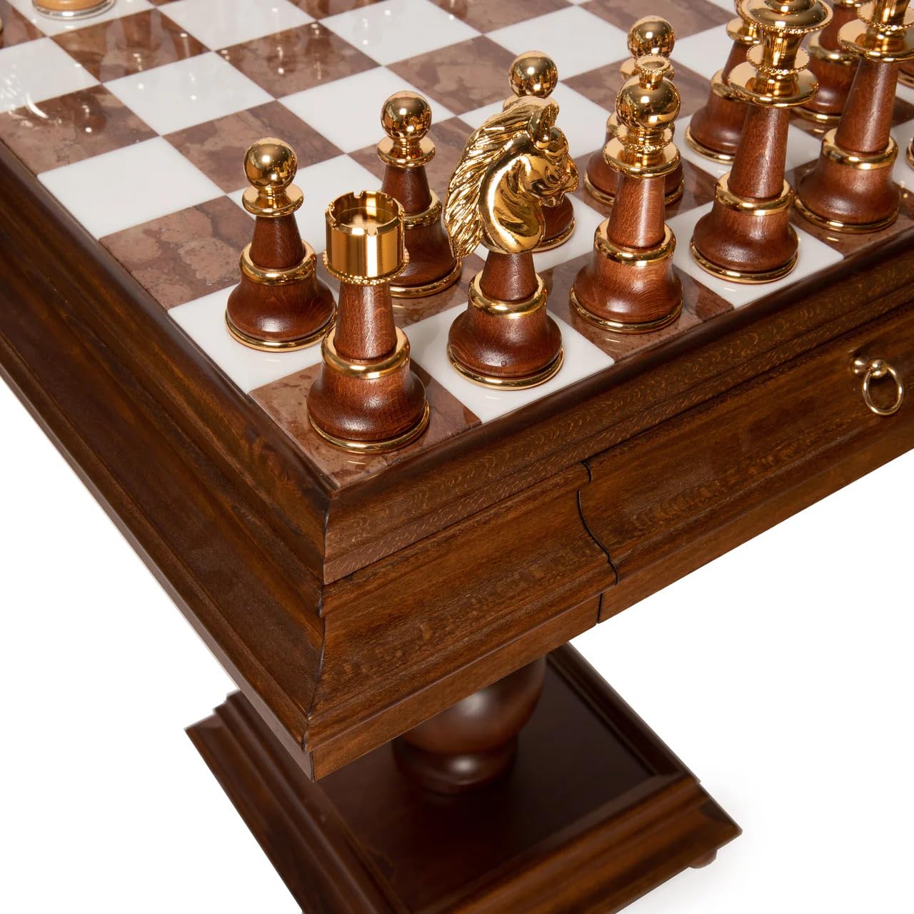 Staunton XL Set + Tilia Wood Chess Table Marble Top Double Drawer New