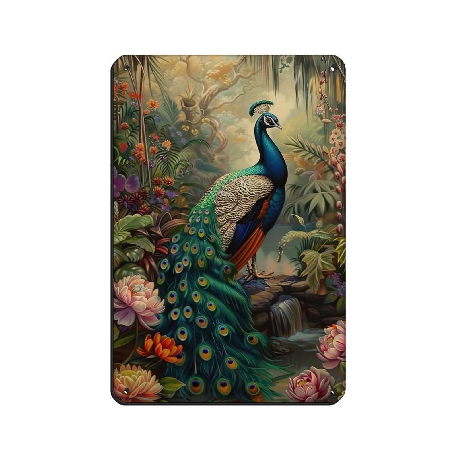 Lxwnze 20L X 30W Cm Vintage Peacock Painting Poster Tin Sign Vintage Metal Pub Club Cafe Bar Home Wall Art Decoration Poster Retro 8X12inch(20X30cm)