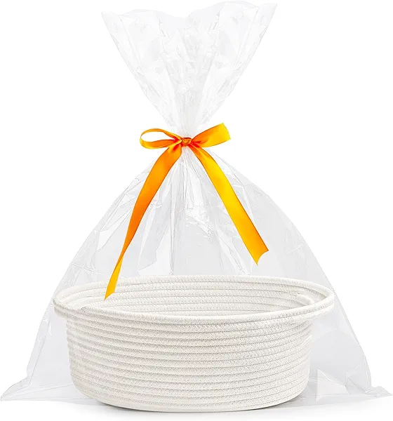 Pro Goleem Small Woven Basket with Gift Bags and Ribbons Durable Baskets for Halloween Gifts Empty Small Rope Basket for Storage 12"X 8" X 5" Baby Toy Baskets with Handles, White