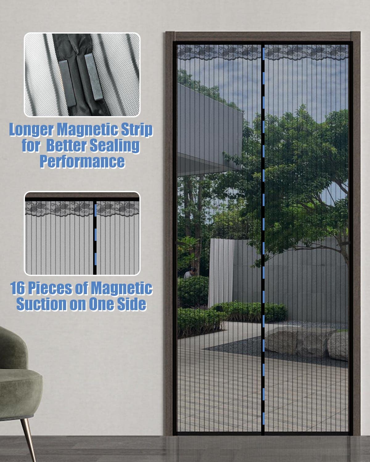 Tuare Moustiquaire Magnétique Pour Porte Avec Aimants Puissants Et Ruban Adhésif Magique Plein Cadre, Facile à Installer, Fermeture Automatique, Garde Les Insectes, 90 X 210 Cm, Noir