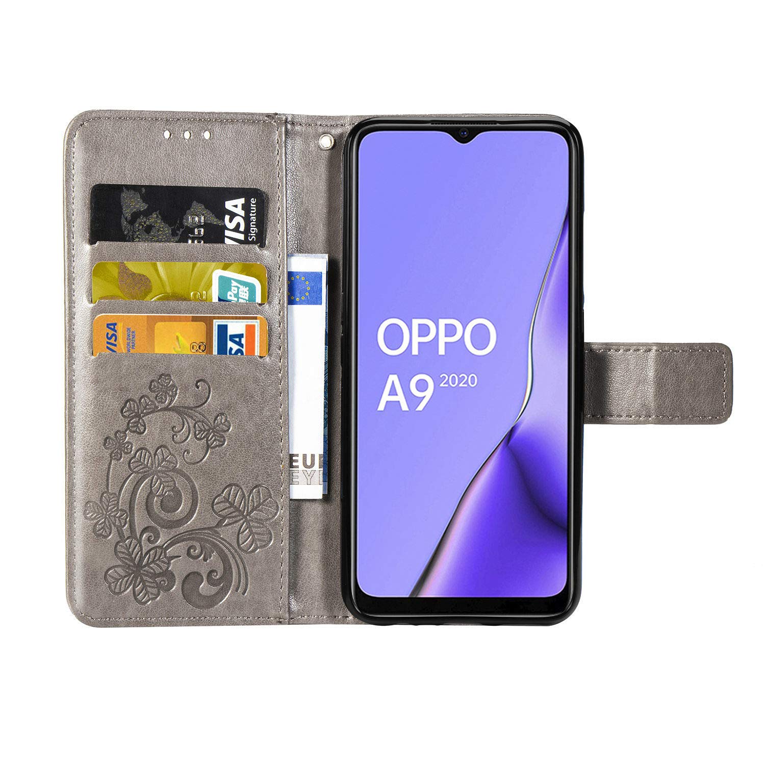 Custodia Portafoglio Per Oppo A5/A9 2020 - Flip Cover In Pelle, Grigio Con Trifoglio - Foto 2