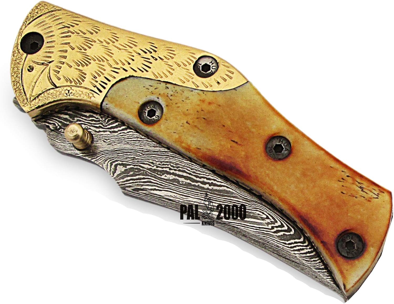 PAL 2000 KNIVES Coltello tascabile pieghevole in acciaio Damasco fatto a mano personalizzato con fodero 9863