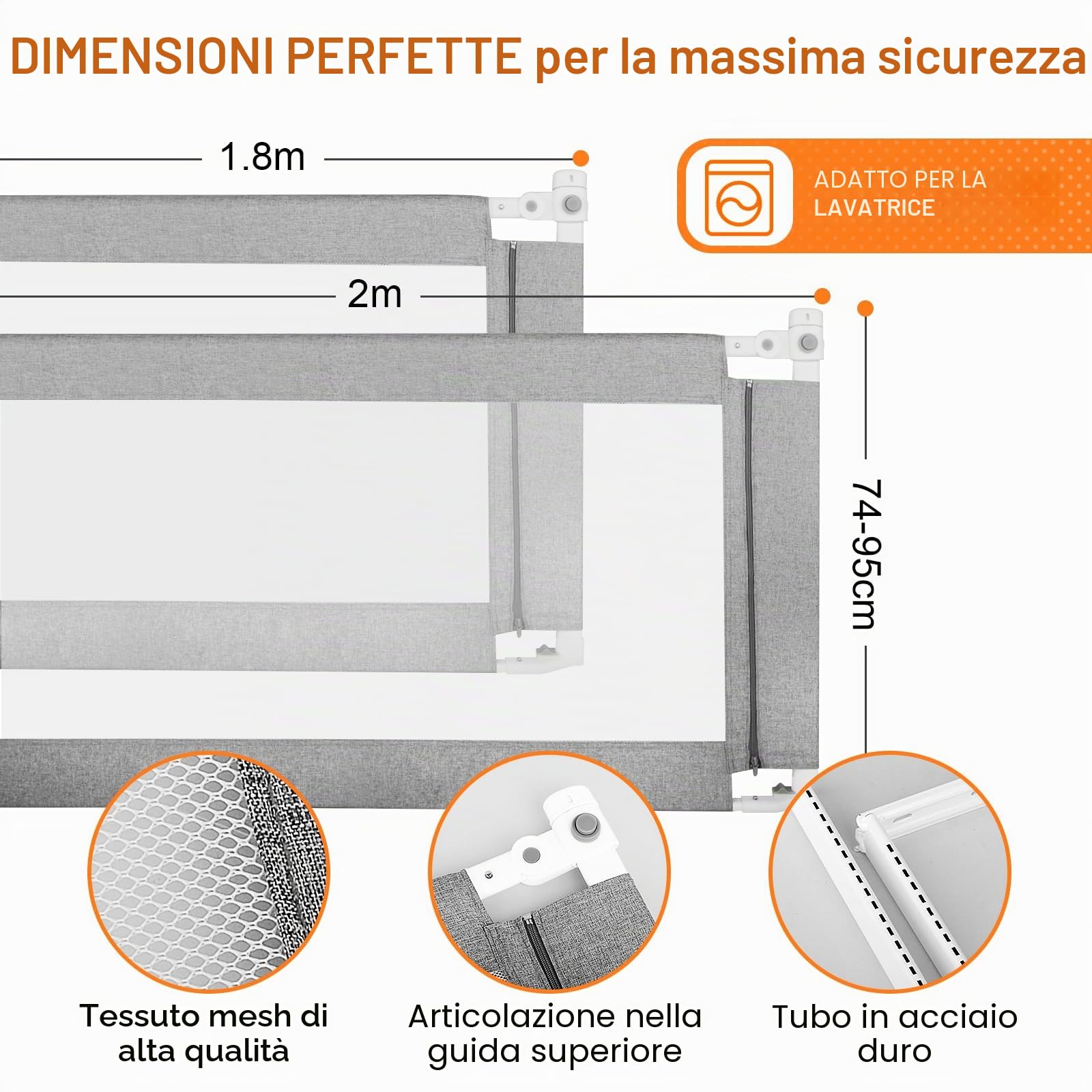 Sponda letto matrimoniale, griglia di protezione per lettini,sponda letto bambini 200 cm, grigio sponda letto matrimoniale per bambini