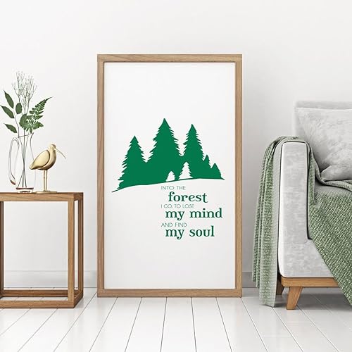 Miniatura 8 de Vinilo adhesivo para pared para exteriores, texto en inglés "Into The Forest I Go To Lose My Mind and Find My Soul" con siluetas de pinos,