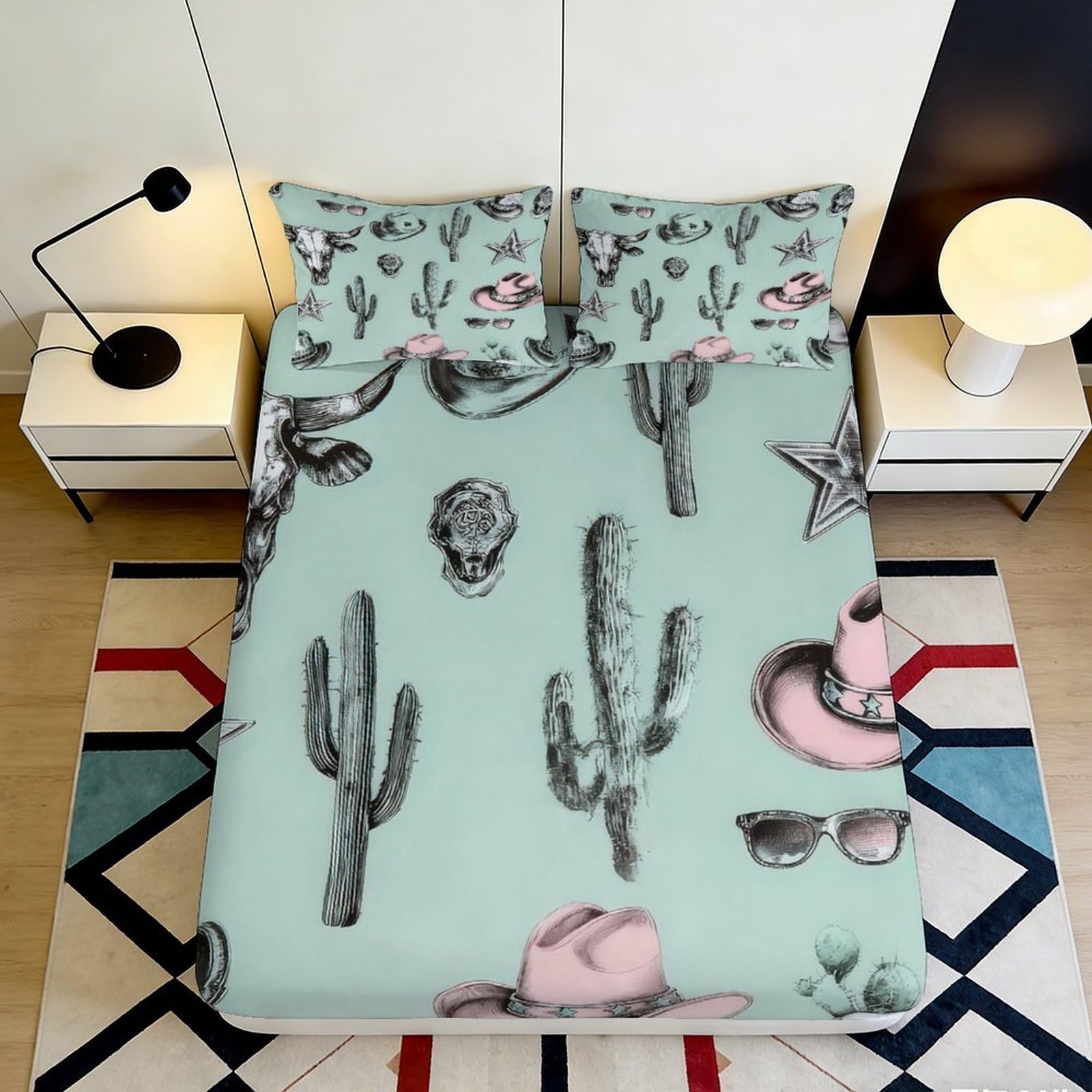 3D Printed Western Cactus Fitted Sheet Microfiber Soft Pink Cowboy Hat Bed Cover for Bedroom Guest Room Machine Washable 90x200x25cm