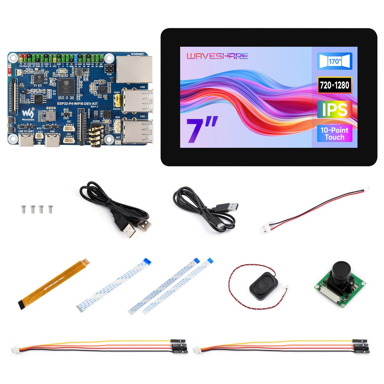 Waveshare ESP32-P4-WIFI6-DEV-KIT High-Performance Development Board, Based on ESP32-P4 & ESP32-C6, Supports Wi-Fi 6, BT 5 & BLE 5, Bundle with Board, 7inch Screen