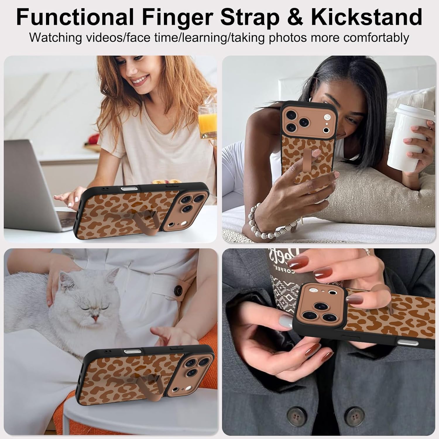 Compatible with iPhone 17 Pro Max Case with Finger Hand Strap Kickstand, Trendy Cool Leopard Cheetah Print Phone Case for Women Men, Full Camera Protection Shockproof Protective Cover, Brown - Image 5