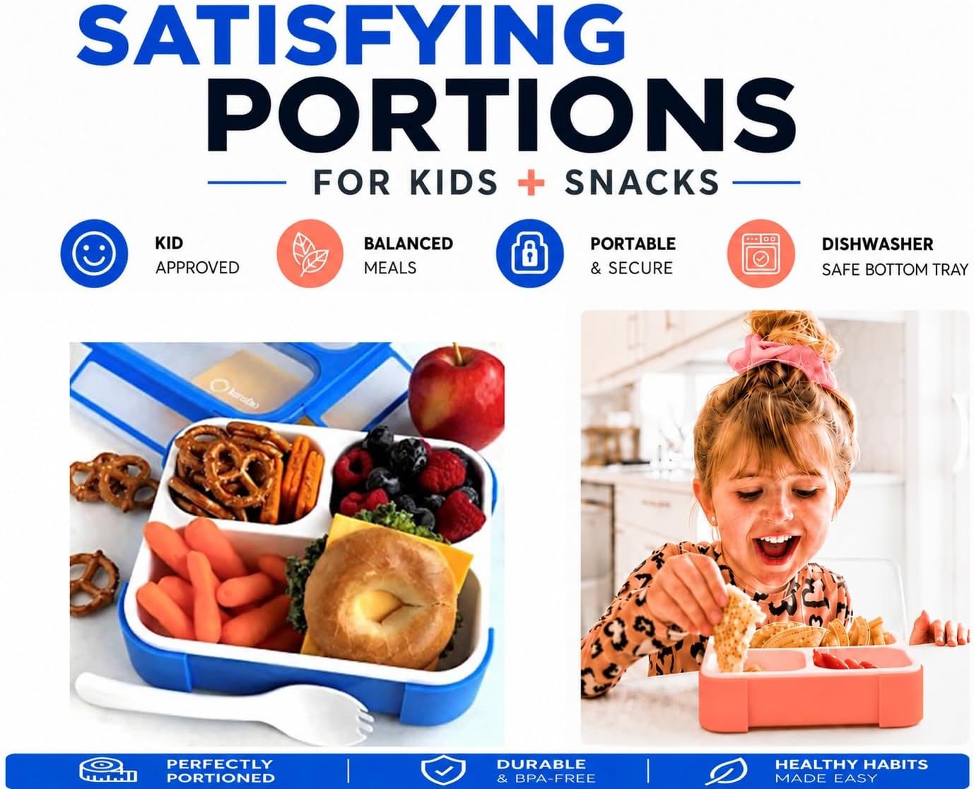 kinsho Bento Boxes for Kids, Lunch Box Set For Boys Girls Toddlers, Leak Proof 3 Compartment Meal or Snack Containers Perfect for School Travel Work, BPA Free. Blue Orange 2 Pack Medium - Small image 3