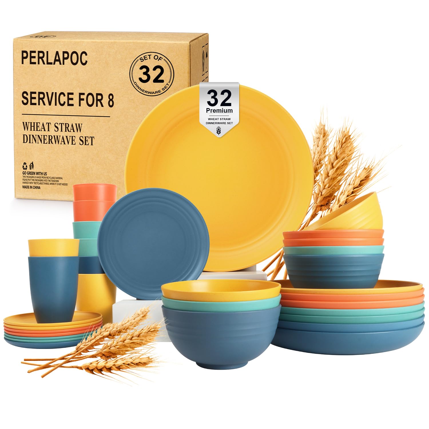 Wheat Straw Dinnerware Sets, Plates and Bowls Sets Unbreakable &amp; Microwave Safe - 32 Piece Service for 8 Dinner Plate Dessert Plate Cereal Bowl Cup for Kitchen &amp; Outdoor - Multi