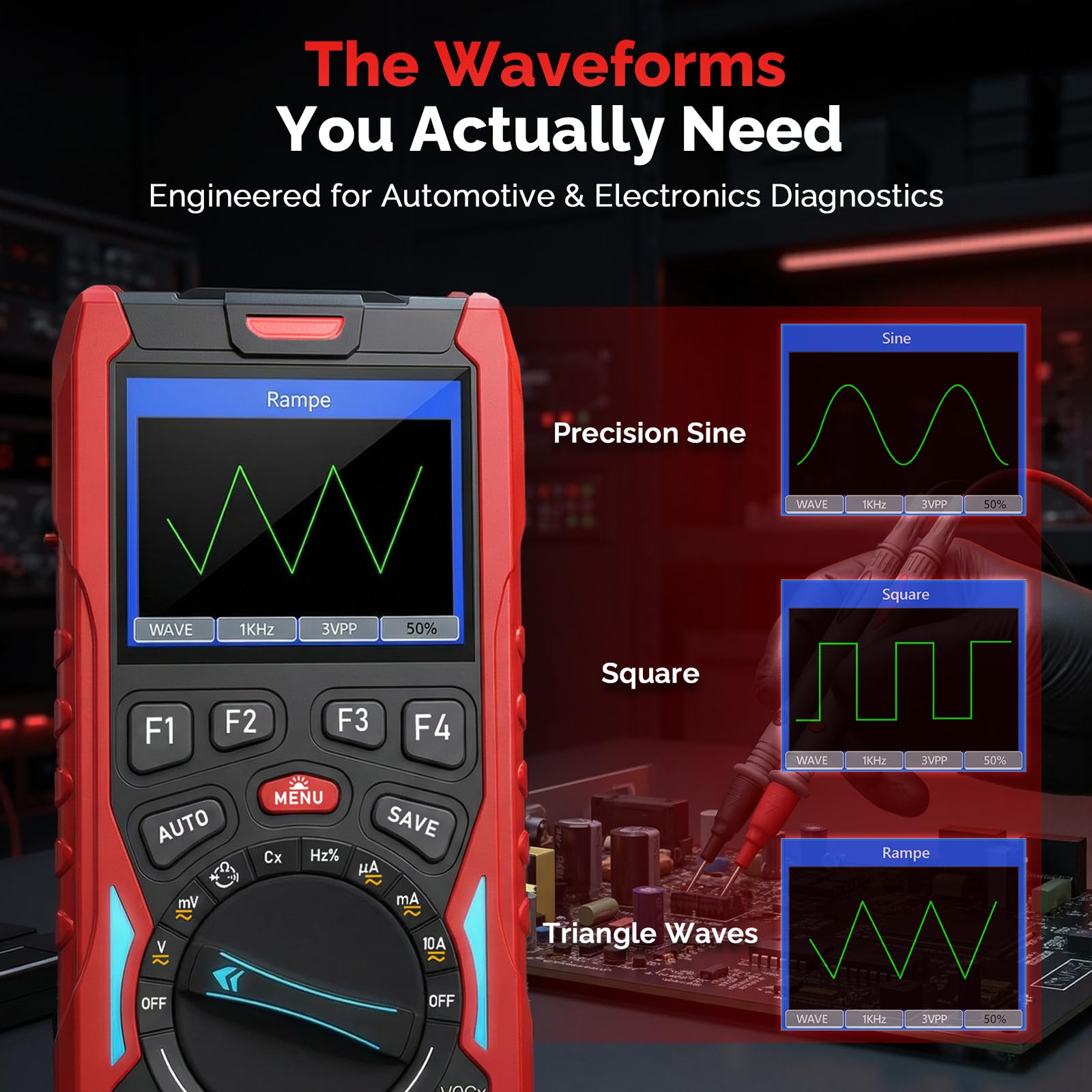 2-Kanal Handheld Oszilloskop, 70MHz Bandbreite, 3-in-1 Digitaloszilloskop Multimeter mit Signalgenerator, 200MSa/s Abtastrate, 20000 Counts, Typ-C Schnellladung, Rot