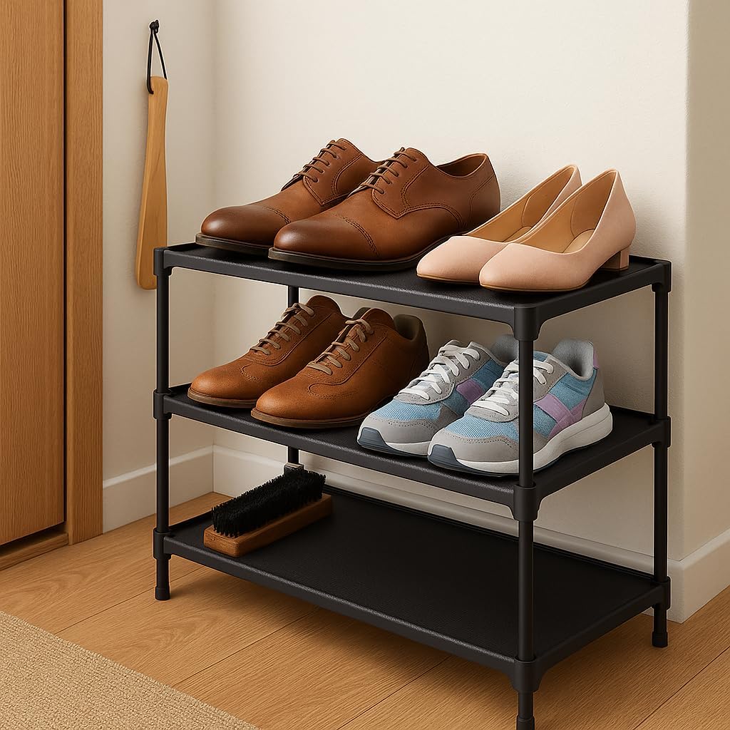 Stackable Small Shoe Rack, Entryway, Hallway and Closet Space Saving Storage and Organization (3-Tier, Black)