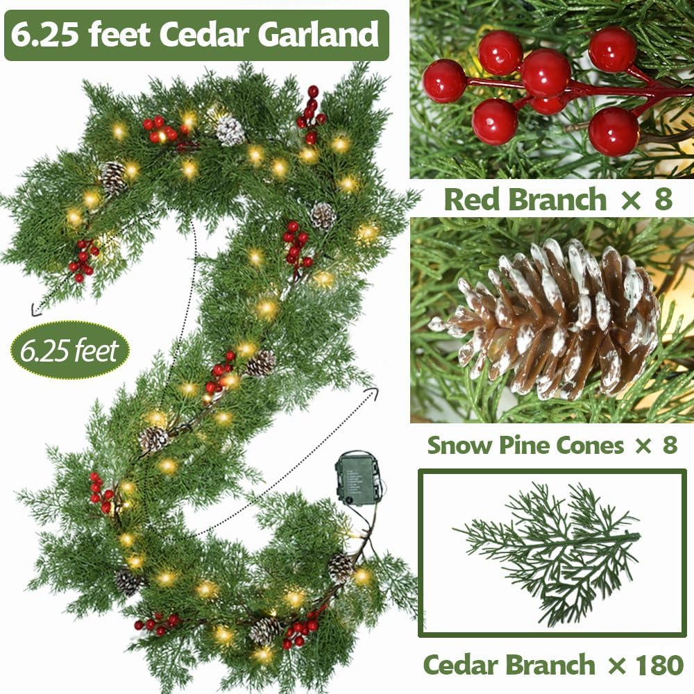 Christmas Garland with Lights 6.25Ft 40LED Dense Cypress Pine Garlands Lighted Christmas Pine Garlands for Holiday Xmas Home Mantle Decor
