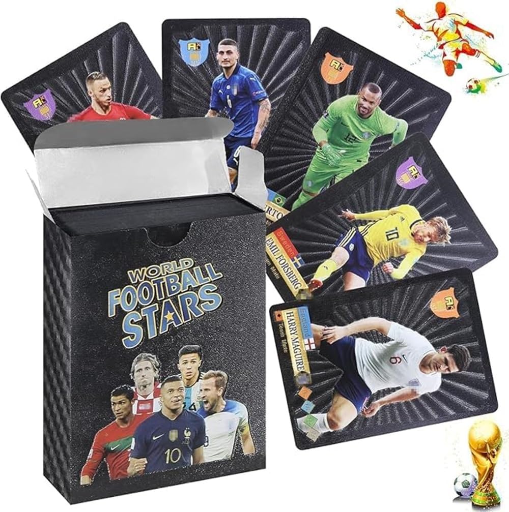 Royaldeals World Cup Soccer Star Card 55Pcs Soccer Trading Cards Gold Foil Cards Black Sports Souvenirs No Repetition Birthday Kids Men