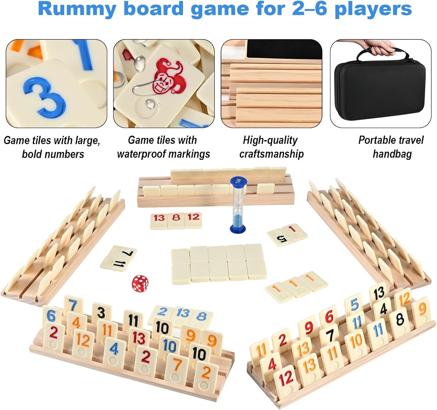 Rummy Cube Game 2-6 Players with 160 Rummy Tiles, 6 Wooden Racks, Portable Case, Hourglass and Dice, Classic Family Board Game for Adults Kids