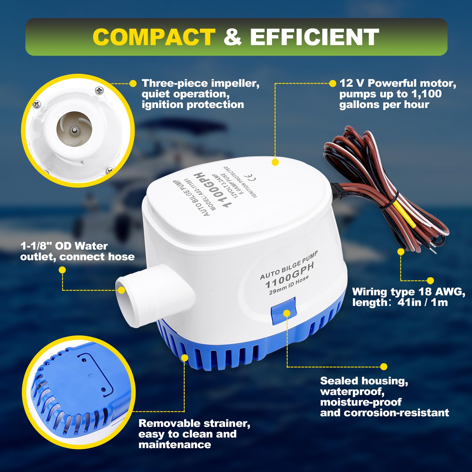 Automatyczna pompa zęzowa 1100 GPH 12 V z 3-kierunkowym panelem przełącznika pompy zęzowej i zestawem hydraulicznym o średnicy 2,8 cm, idealna do łodzi rybackich, rejsów