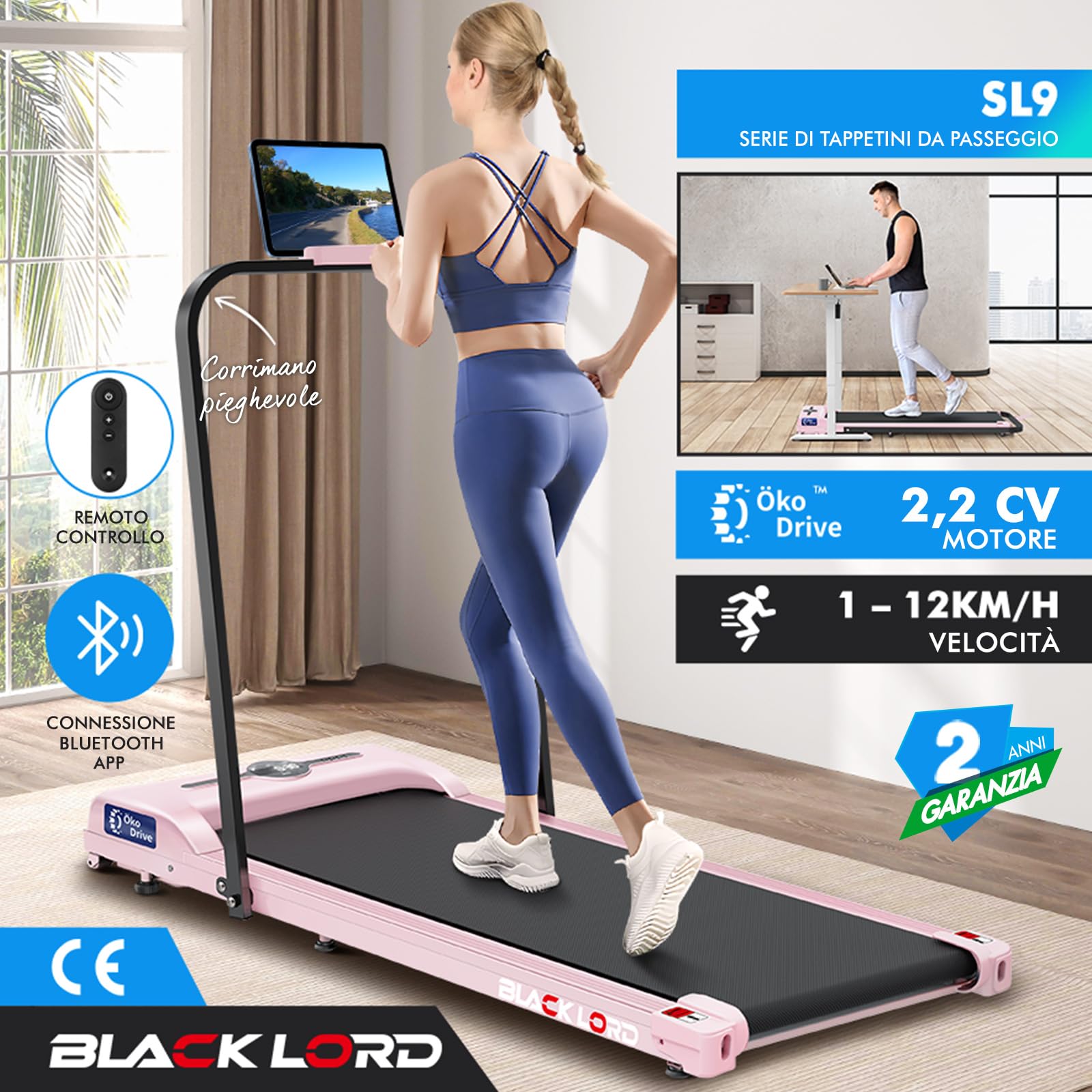 BLACK LORD Tappetino da passeggio intelligente, tapis roulant 2 in 1 sotto la scrivania per ufficio domestico, macchina da jogging portatile con app e telecomando, Con Maniglia, Rosa