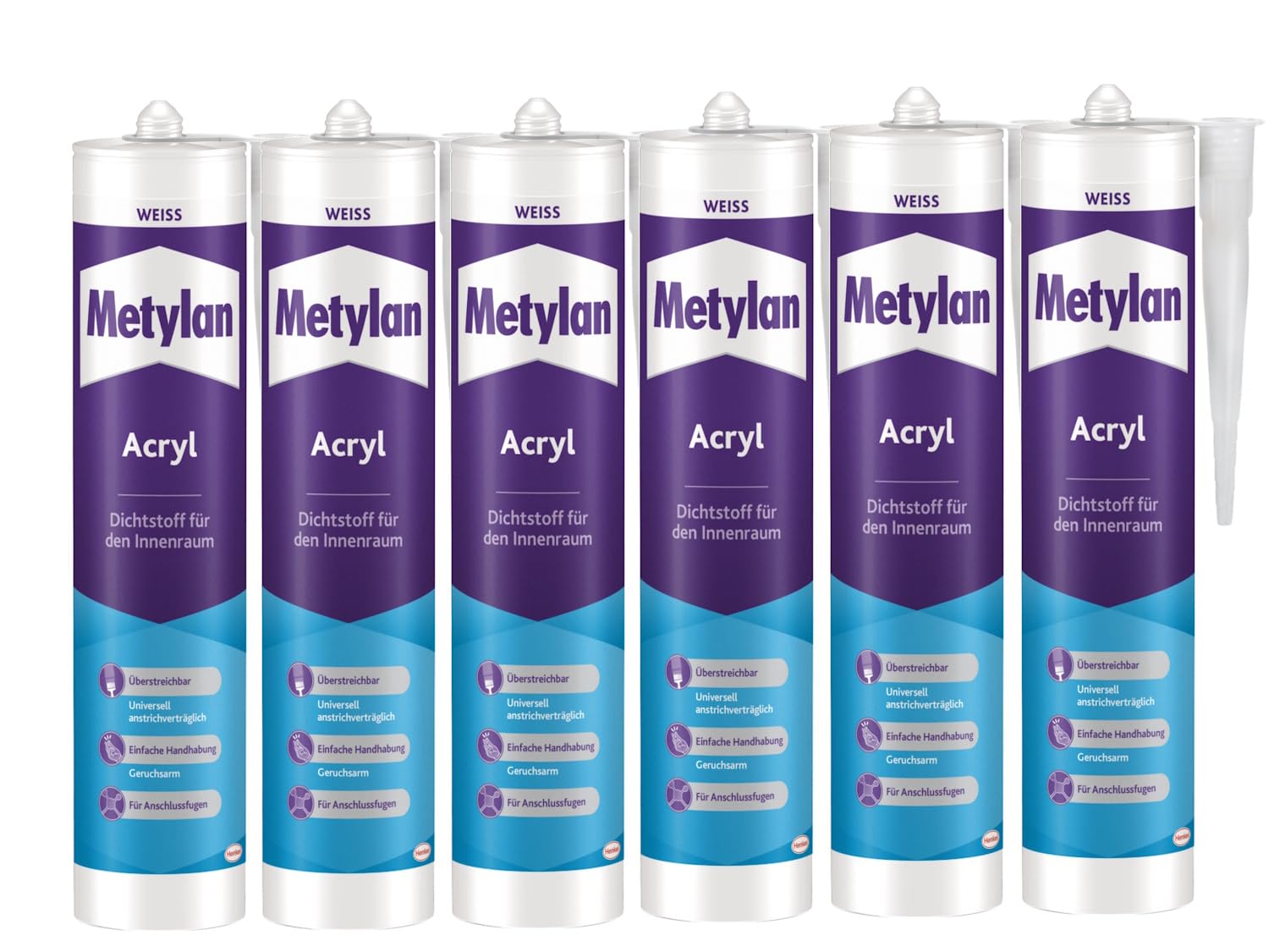 Metylan Wand & Decke Acryl, Kartusche, weiß, 6x 300ml | Acryl-Dichtmasse für perfekte Wand- & Deckenanschlüsse – überstreichbar & flexibel