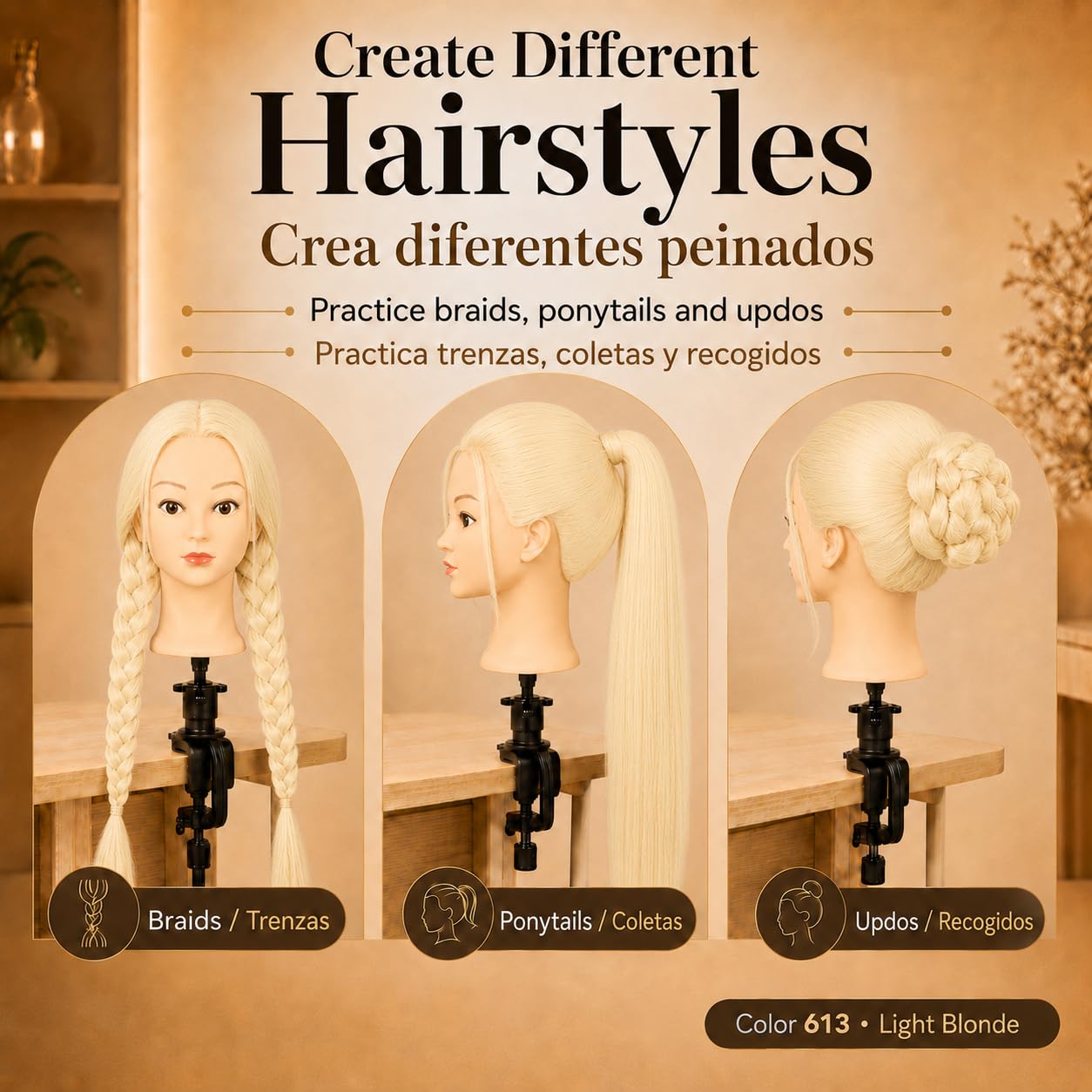 Cabeza de Maniquí para Peluquería, Cabello Sintético 60 cm/24" Resistente al Calor con Soporte, Cabeza de Prácticas para Peinados y Cosmetología (613 · Rubio Claro)