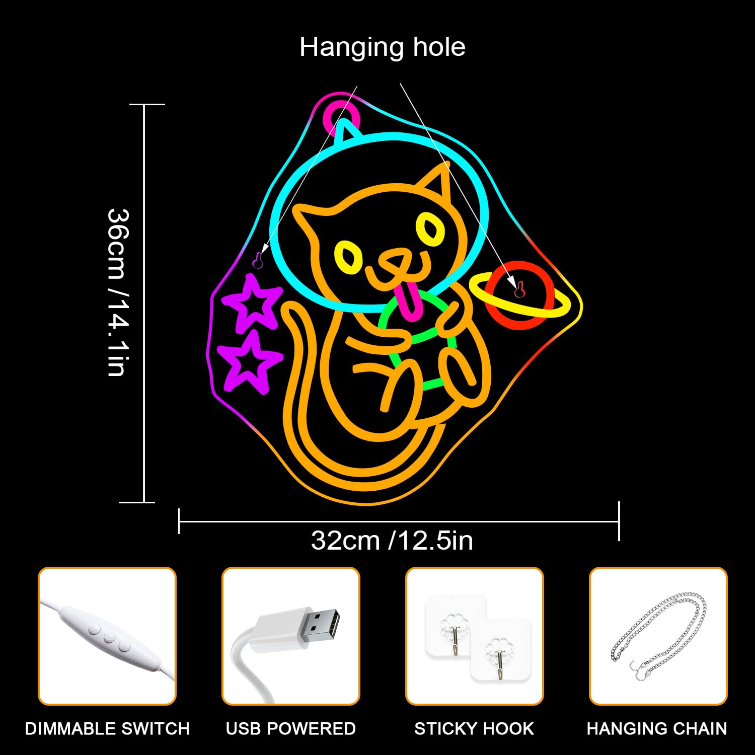 ineonlife Astronaut Milk Tea Cat Neon Sign for Wall Decor Dimmable Cat Neon Light Sign USB Port Led Sign for Milk Tea Shop Children's Room - Image 3