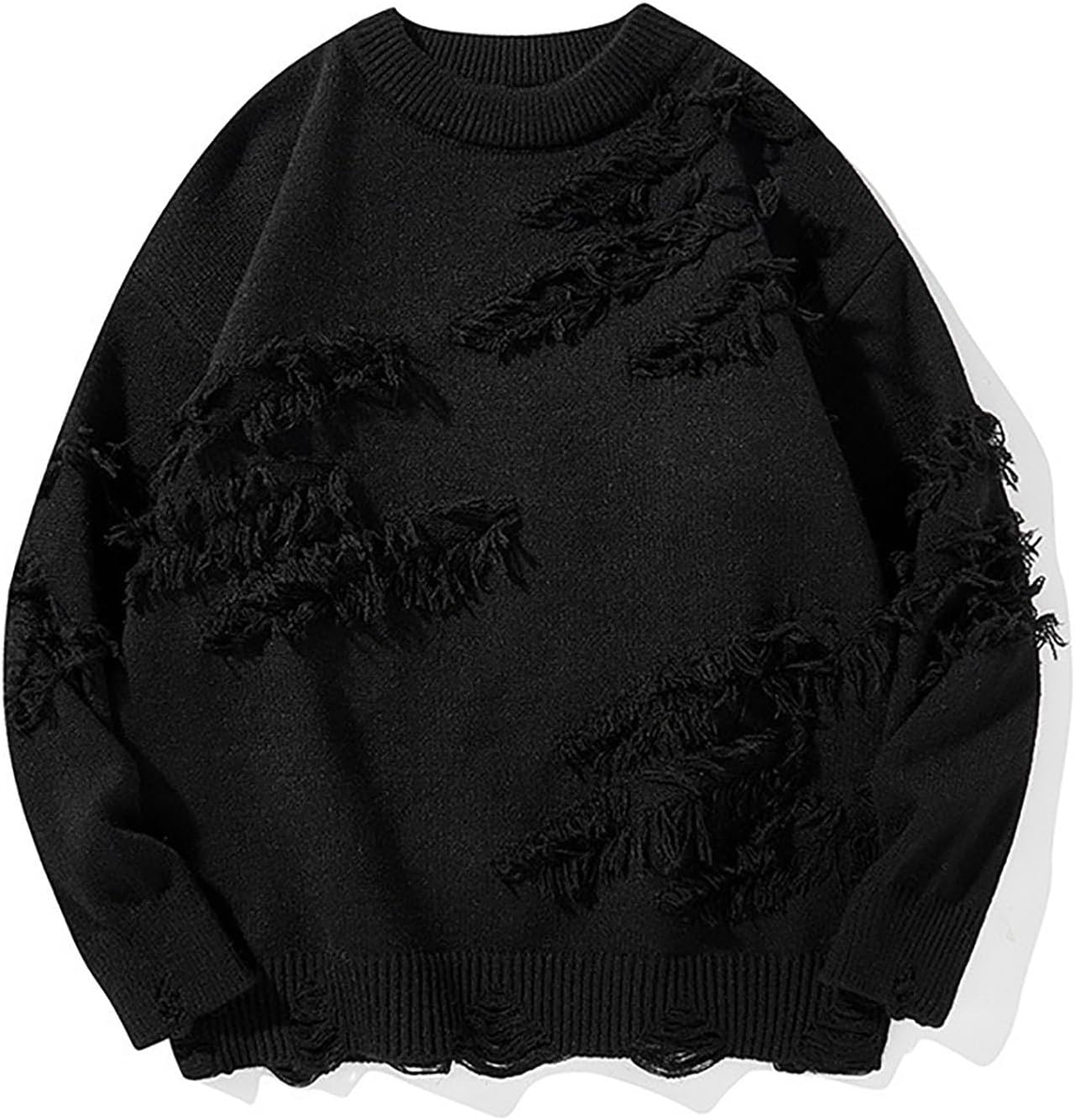 Cambkatl Stylish Ripped Sweaters for Men Stretch Loose Crewneck Knitted Pullovers Long Sleeve Casual Cozy Sweater Tops