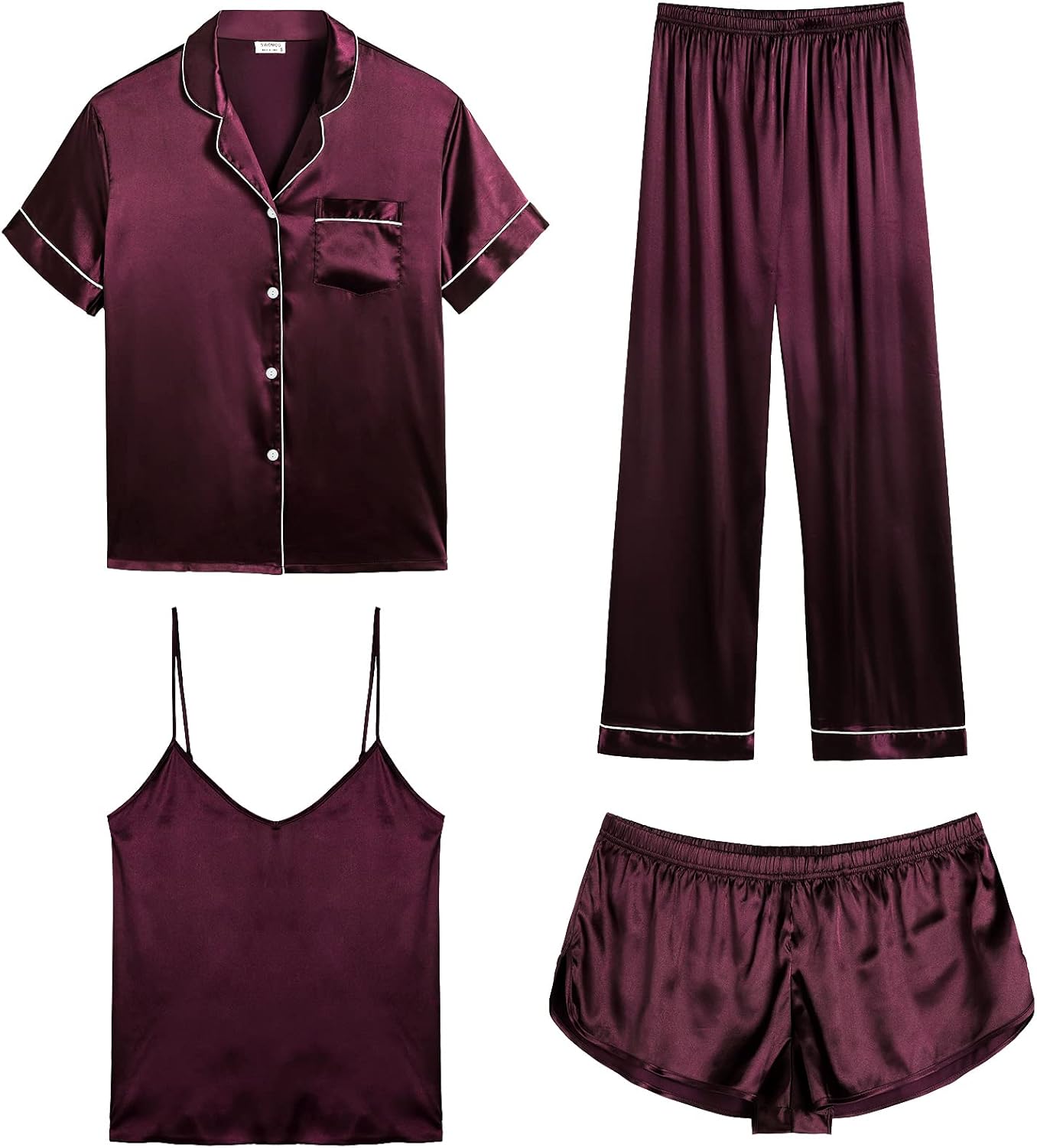 SWOMOG Womens Silk Satin Pajamas Sets 4pcs Sleepwear Sexy Cami Shorts Set and Button Down Short Sleeve Pjs Loungewear