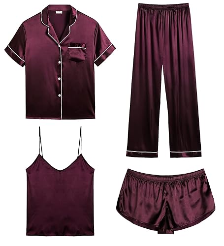SWOMOG Womens 4pcs Pajamas Sets Silk Satin Sleepwear Sexy Cami with Button Down Short Sleeve Shirt Pjs Loungewear - A-deep Wine Red - Medium