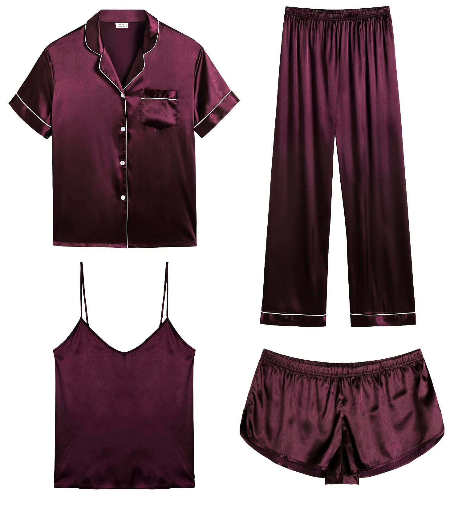 SWOMOG Womens Silk Satin Pajamas Sets 4pcs Sleepwear Sexy Cami Shorts Set and Button Down Short Sleeve Pjs Loungewear