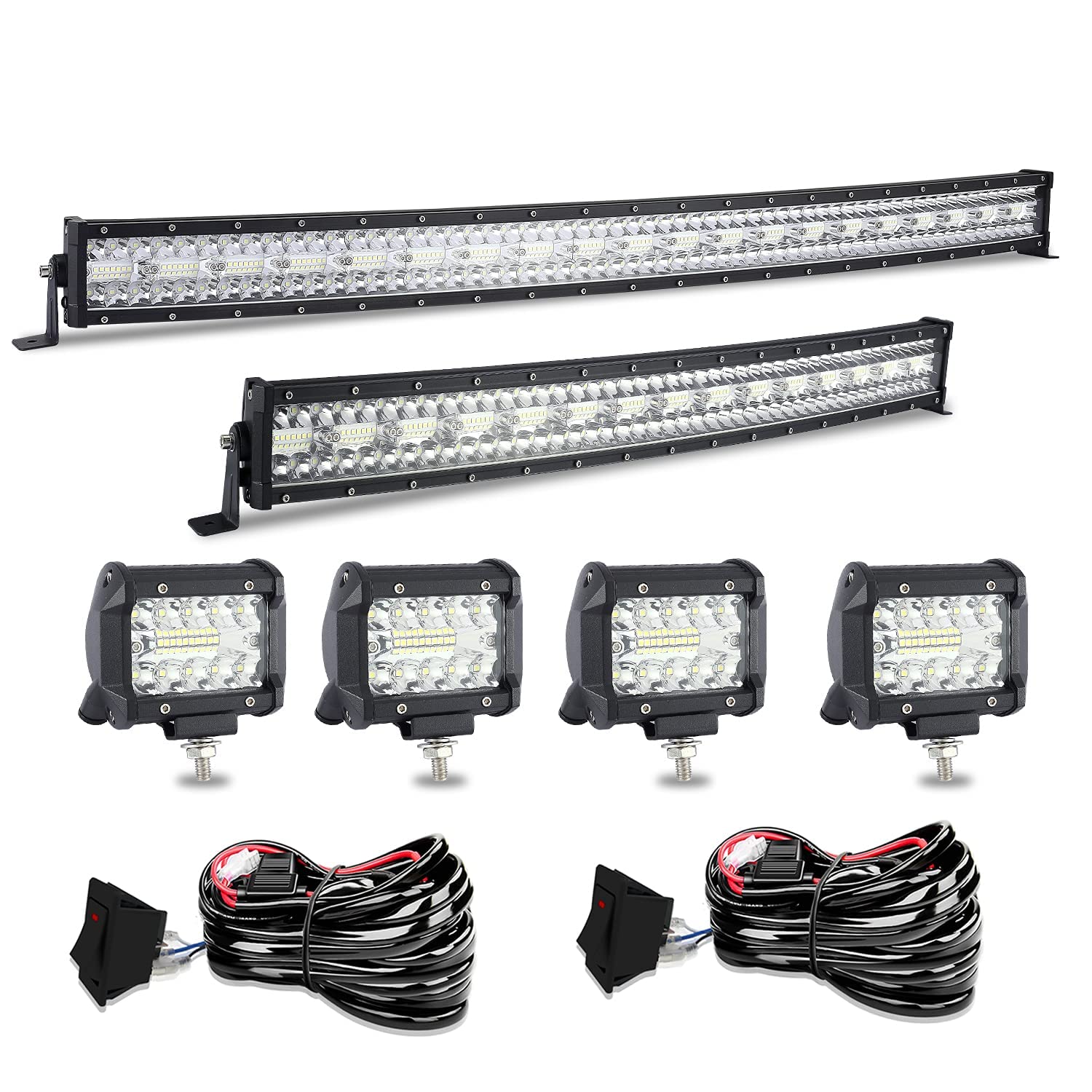 Photo 1 of Led Light Bar T-Former 52 Inch 1122W+ 32 Inch 672W Curved Triple Row Combo LED Light Bars Kit + 4Pcs 4in Offroad Driving Fog Lights W/Rocker Switch Wiring Harness Kit for Jeep Tucks Polaris Boats 52"+32" Curved Led Light Bar White