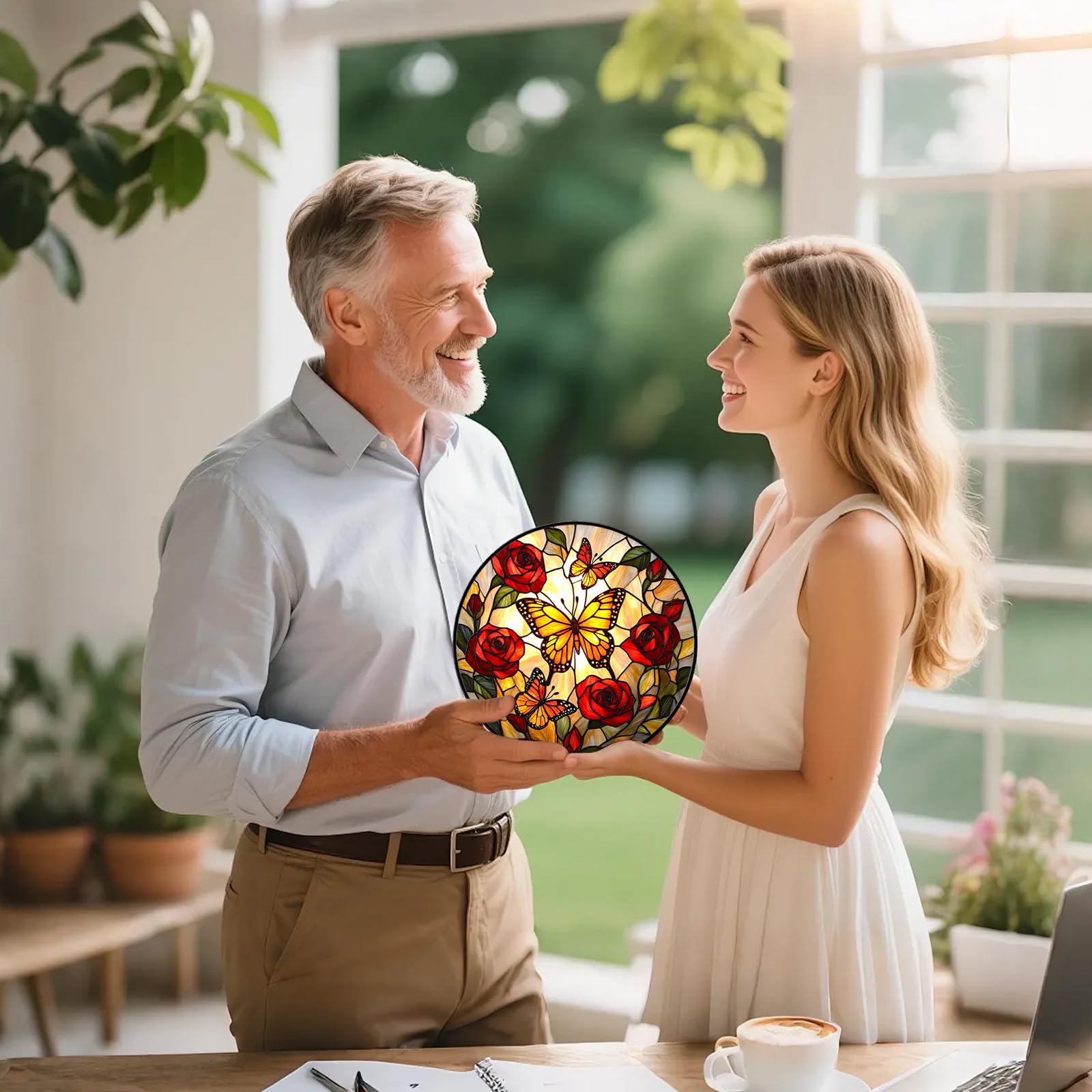 Atrapasueños de mariposa para colgar en la ventana, atrapasueños de rosas de flores para decoración de ventanas interiores, vitrales para decoración del hogar, regalo para mujeres, mamá 035
