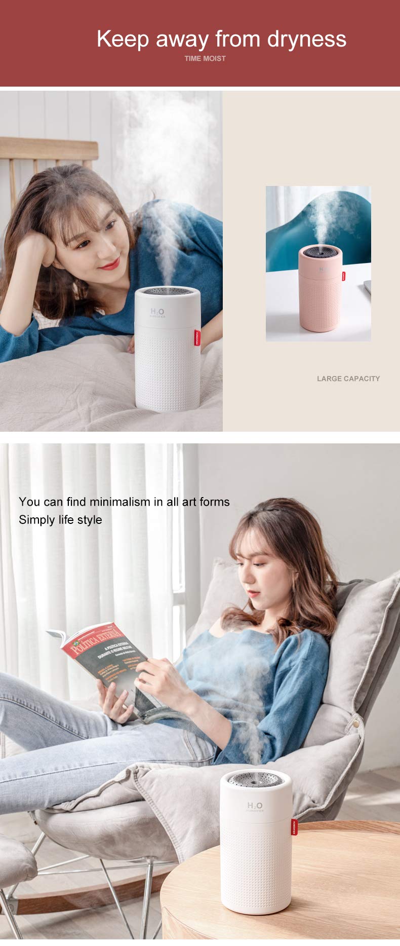 Amazon | H2Oシリーズ ワイヤレス 超音波 加湿器 750ml USB充電式