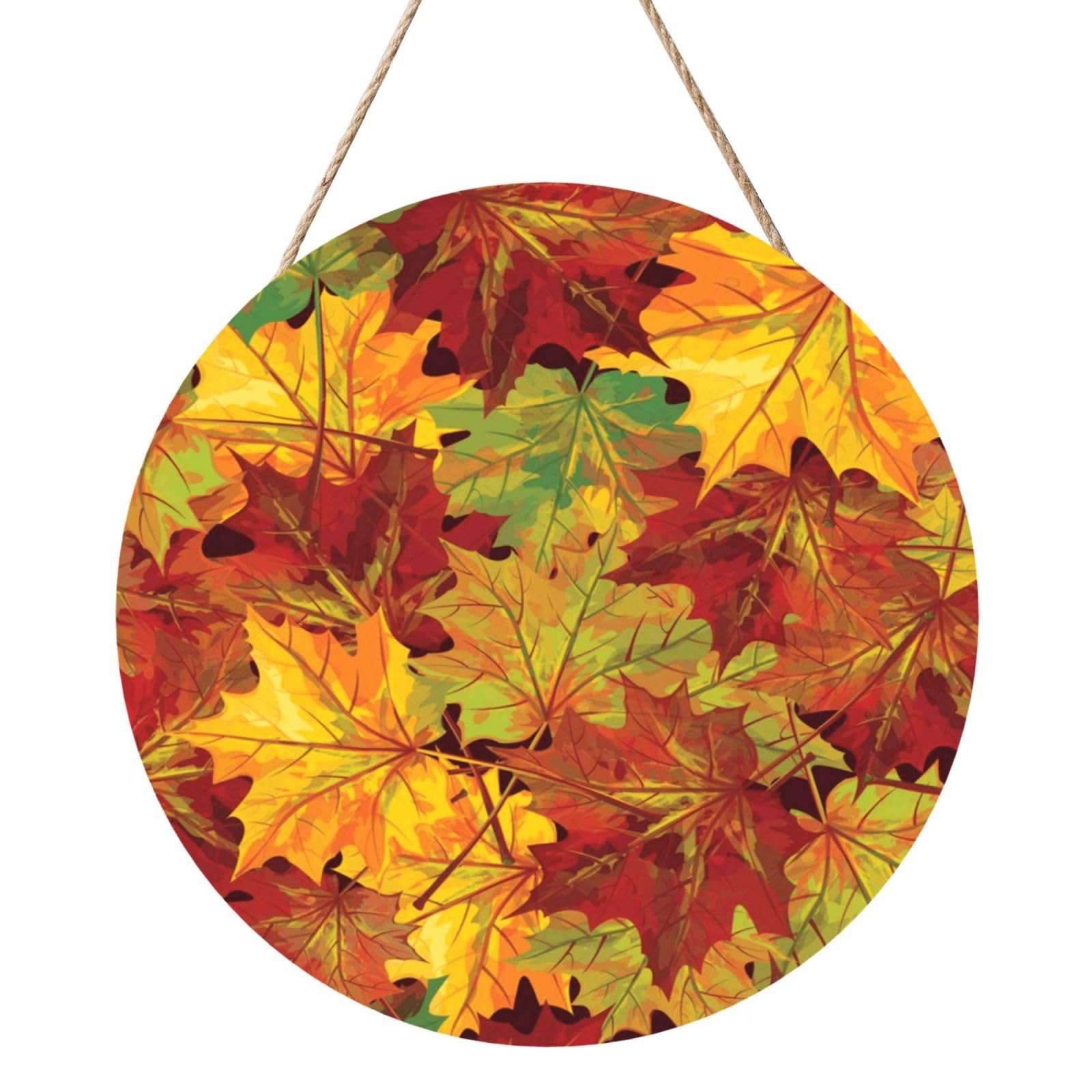 InOmak Autumn Leaves Printed, Round Wood Panel Painting 12 in, Wall Hanging Painting For Home