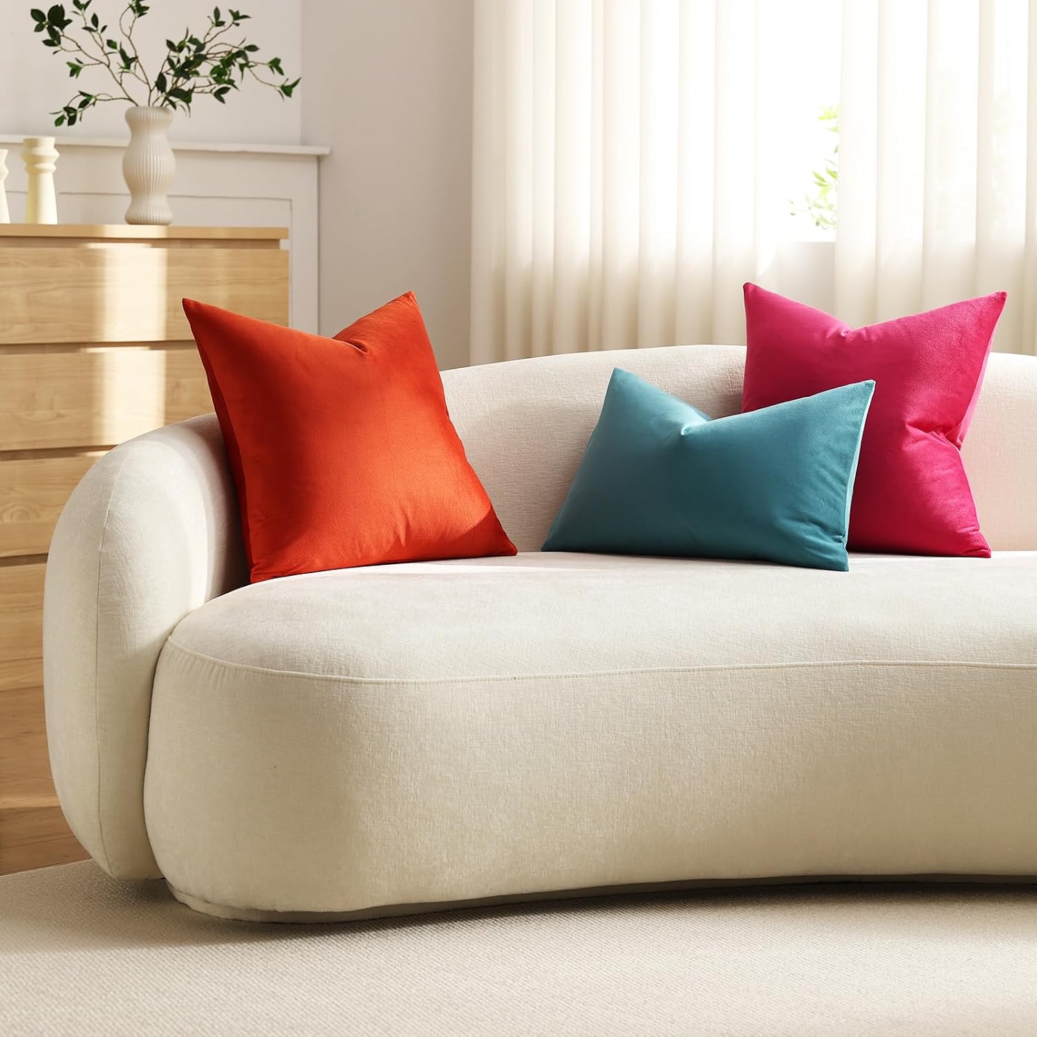 DEZENE Euro Sham Covers 24x24 Burnt Orange: Pack of 2 Cozy Soft Velvet Square Modern Luxury Decorative Throw Pillow Cases for Sofa Couch Living Room Bed Home Decor