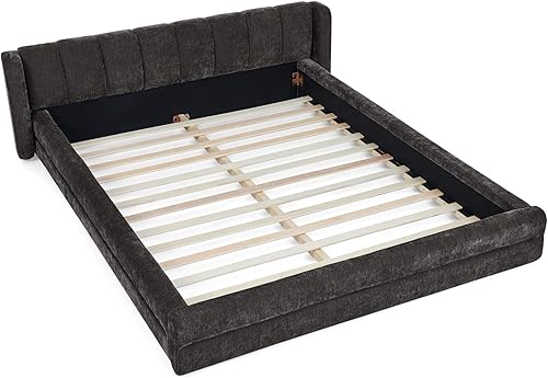 Miniatura 8 de DEINPPA Base de cama tamaño Queen con cabecera suave tipo nube, base de cama de madera con tapizado de chenilla, no necesita somier - Gris oscuro