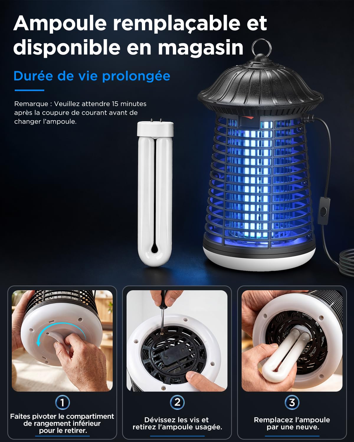 VIWAVE Lampe Anti Moustique avec éclairage LED, 15 W Piege a Mouche Puissante 4200V, Tueur d'Insectes électrique IPX4 étanche, Câble de 3m, Couverture de 150 m², pour Intérieur et Extérieur