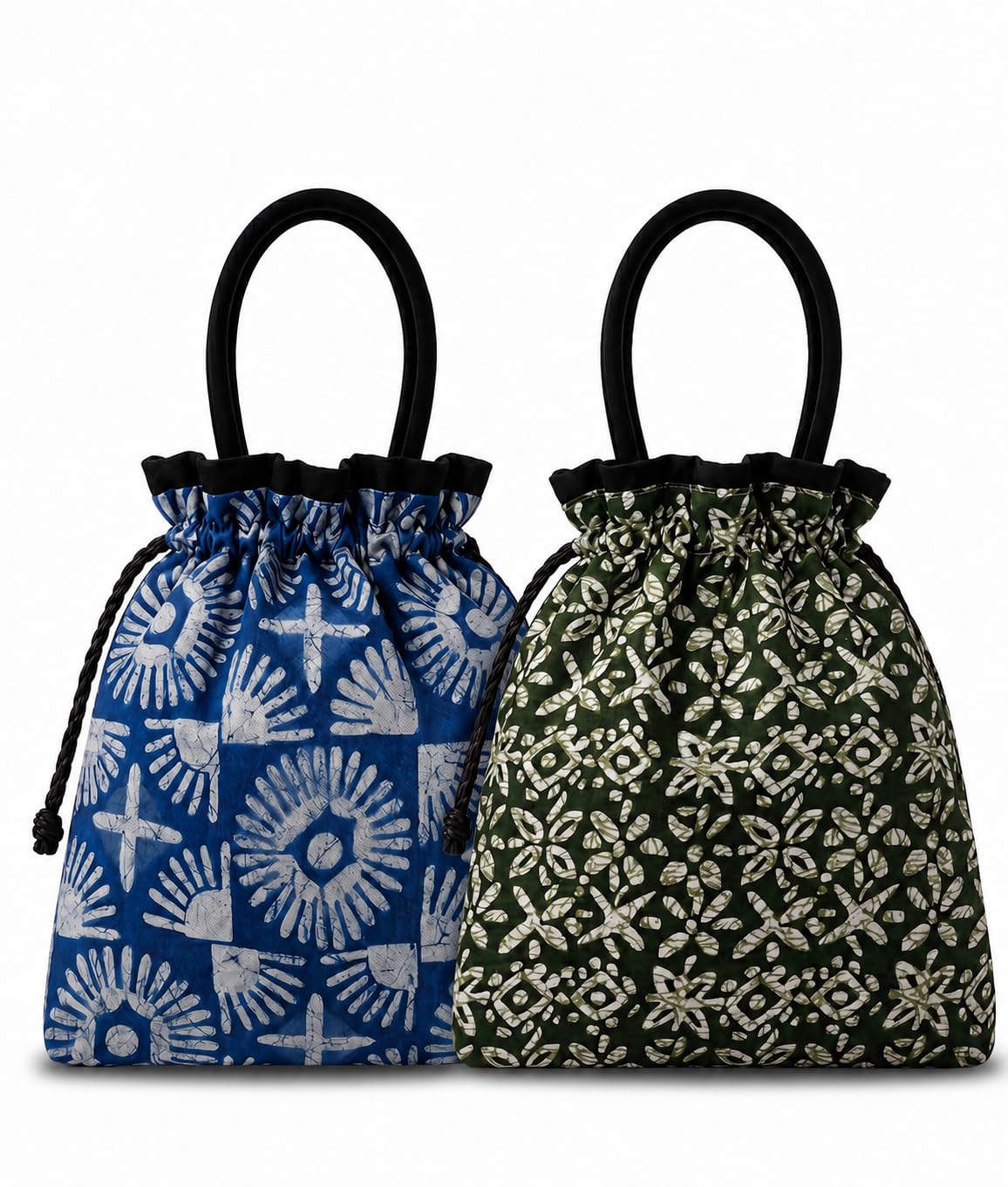 Combo Pack of 2 Ethnic Batik Print Potli Bags for Women, Blue and Green Drawstring Handbag-image-31