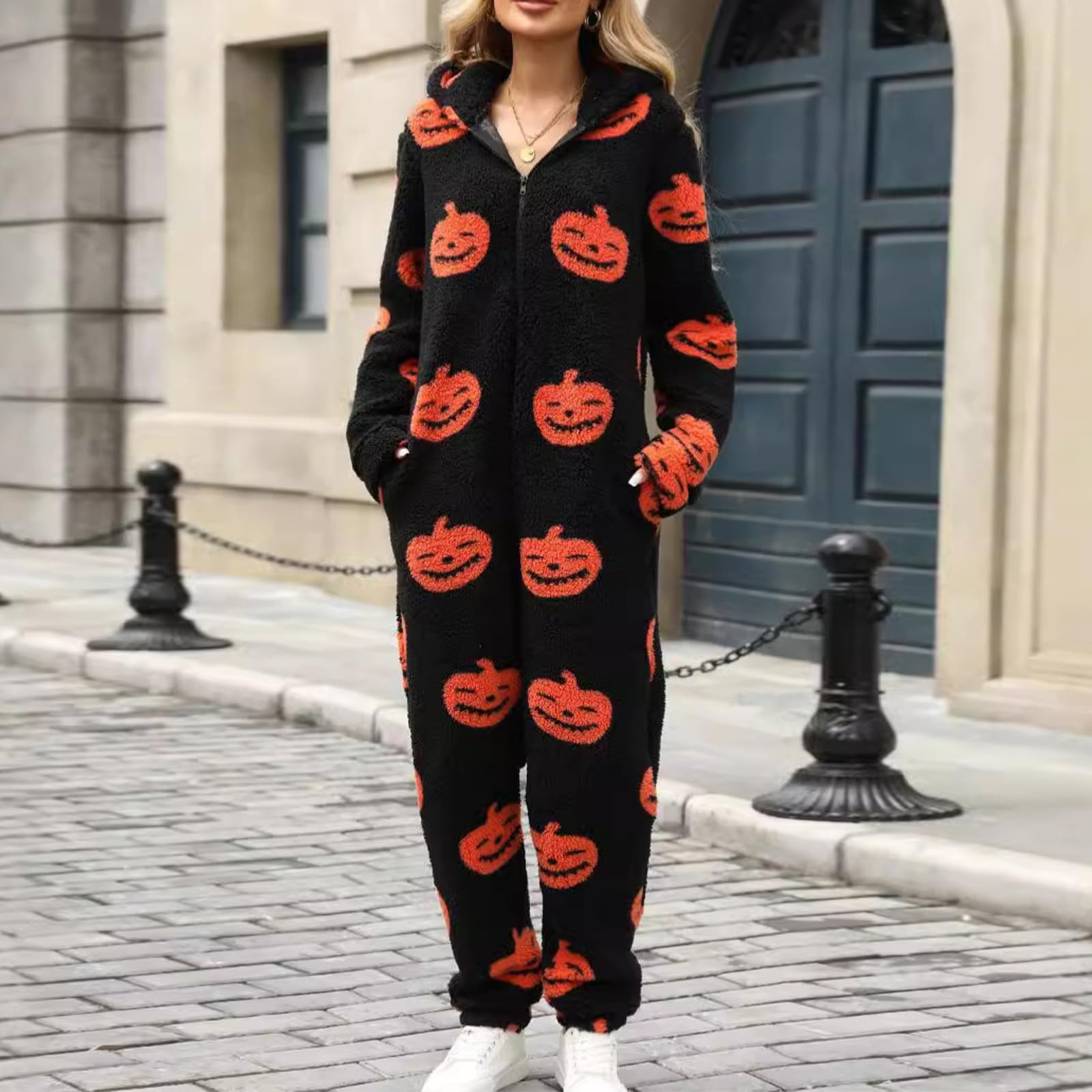 Combinaison Une Pièce Femme en Douce avec Fermeture Zippée Coupe Ample | Capuche Imprimé Citrouille Pour