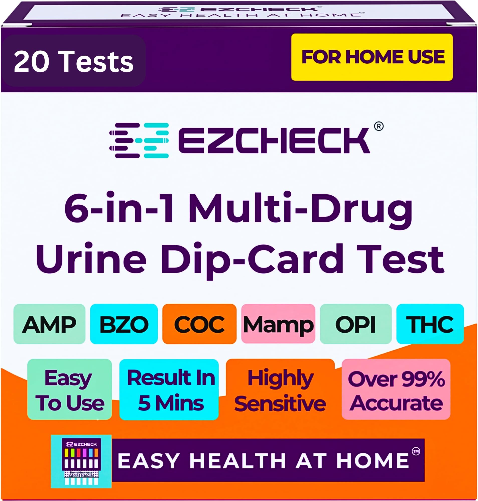 [20 Pack] EZCHECK® 6-Panel Drug Test - at-Home Rapid Urine Screening Kit for 6 Most Used Drugs: (THC-Marijuana, BZO-Benzos, MET-Meth, OPI/MOP-Opiates, AMP-Amphetamine, COC)
