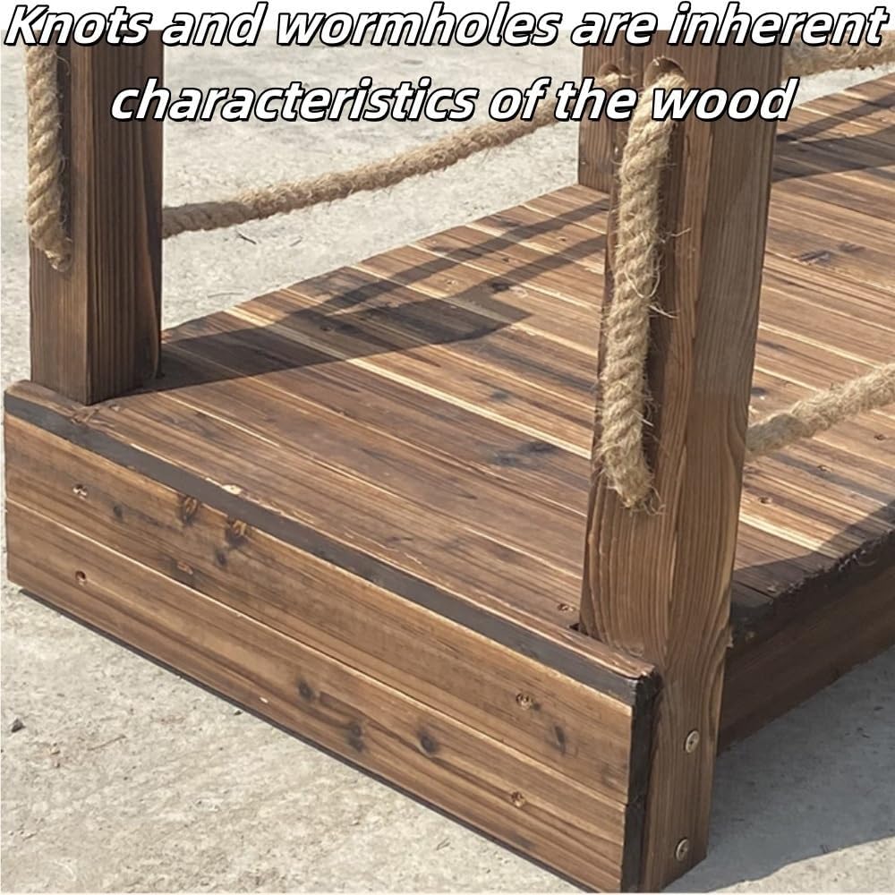 Garden Bridge with Rope Handrails, Straight Wooden Walkways for Yards, Wooden Bridge with Carbonized Surface