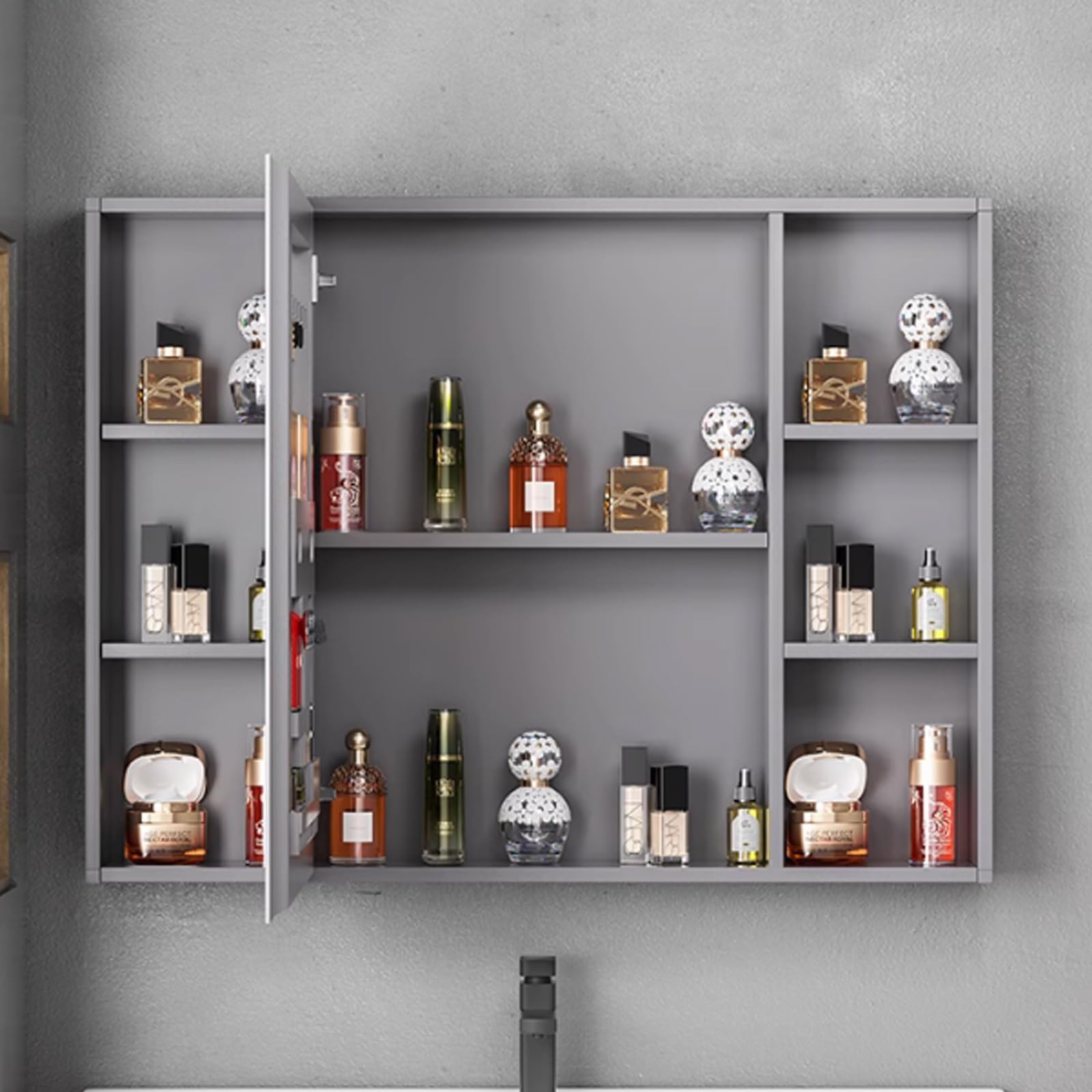 Espejo con almacenaje de maquillaje,Aluminio armario de baño con espejo y luz,armario espejo baño con Espejo Antivaho,espejo de pared con almacenaje Alta capacidad,Espejo de belleza hacia atrás(Color: