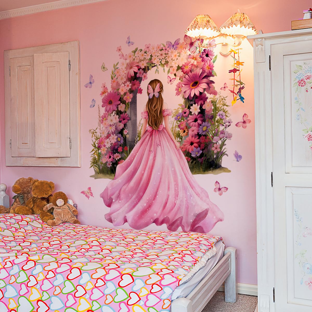 Tivleed Wall Stickers for Bedrooms, Girls Wall Stickers, Wall Stickers for Girls Bedroom, Fairy Butterfly Flower Decal, Self-Adhesive Nursery Wall Art, Pink Floral Mural (90x30cm)