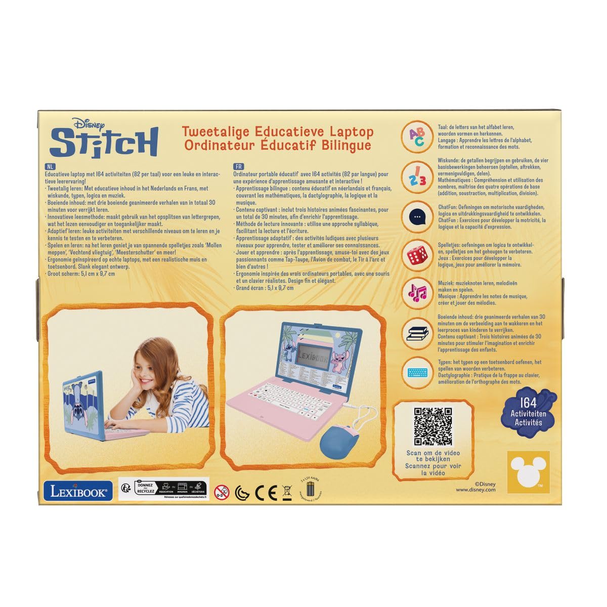 LEXIBOOK, Disney Stitch, Portátil Educativo Bilingüe, Español e Inglés, 164 Actividades, Matemáticas, Juegos de Lógica, Modo Música, Gran Pantalla LCD, Diseño Disney Stitch, Rosa/Azul, JC601Di2