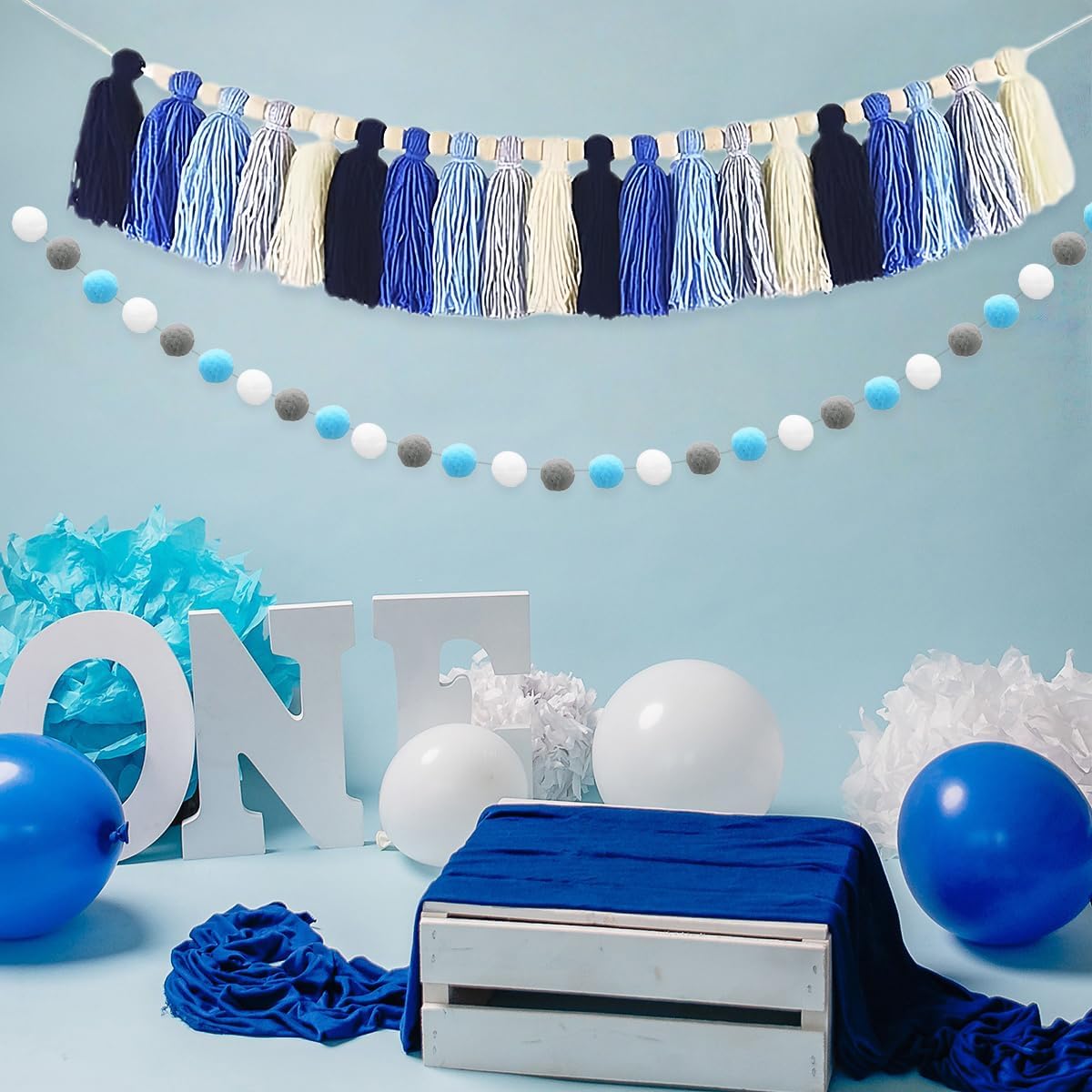 Boho Tassel Garland, Pom Pom Garland, Colorful Handmade Yarn Bunting Banner for Nursery, Kids Room, Classroom, Baby Shower, Birthday Party, or Back to School Decor (Blue Gray)