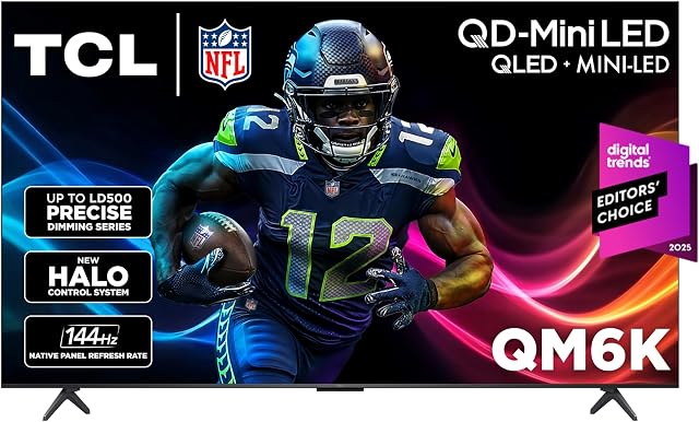 TCL Téléviseur intelligent QLED 4K de 55 pouces série QM6K avec Google TV (Modèle 2025) Nouveau système de contrôle Halo, série LD500 de gradation précise, panneau HVA à contraste élevé, taux de rafraîchissement natif de 144Hz