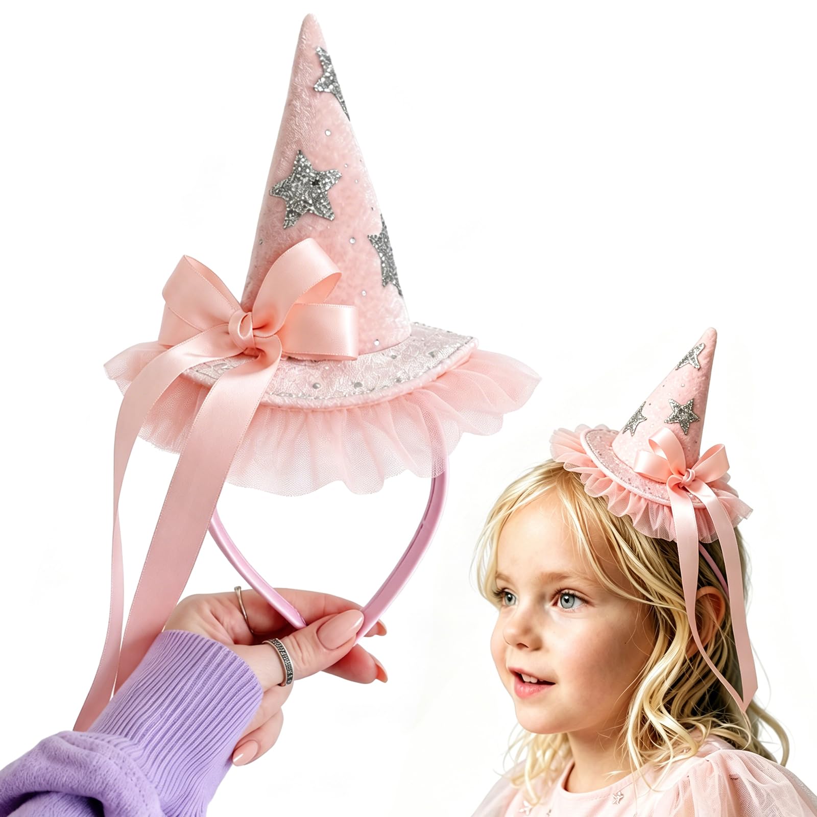 Shewant Girls Pink Velvet MiniWitch Hat Headband Glitter Stars, Halloween Fancy Dress Hair Accessories Princess Witch Costume Hairbands Birthday Party
