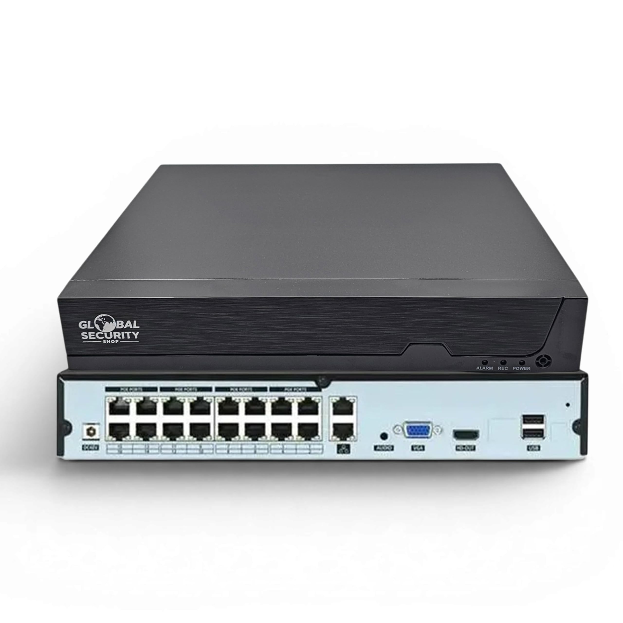 GSS Ultra 16-kanałowy rejestrator wideo NVR PoE 4K Ultra HD, profesjonalny system IP z wbudowanym 16-portowym przełącznikiem, obsługa dwóch dysków twardych, kompresja H.265+ i aplikacja XMEye